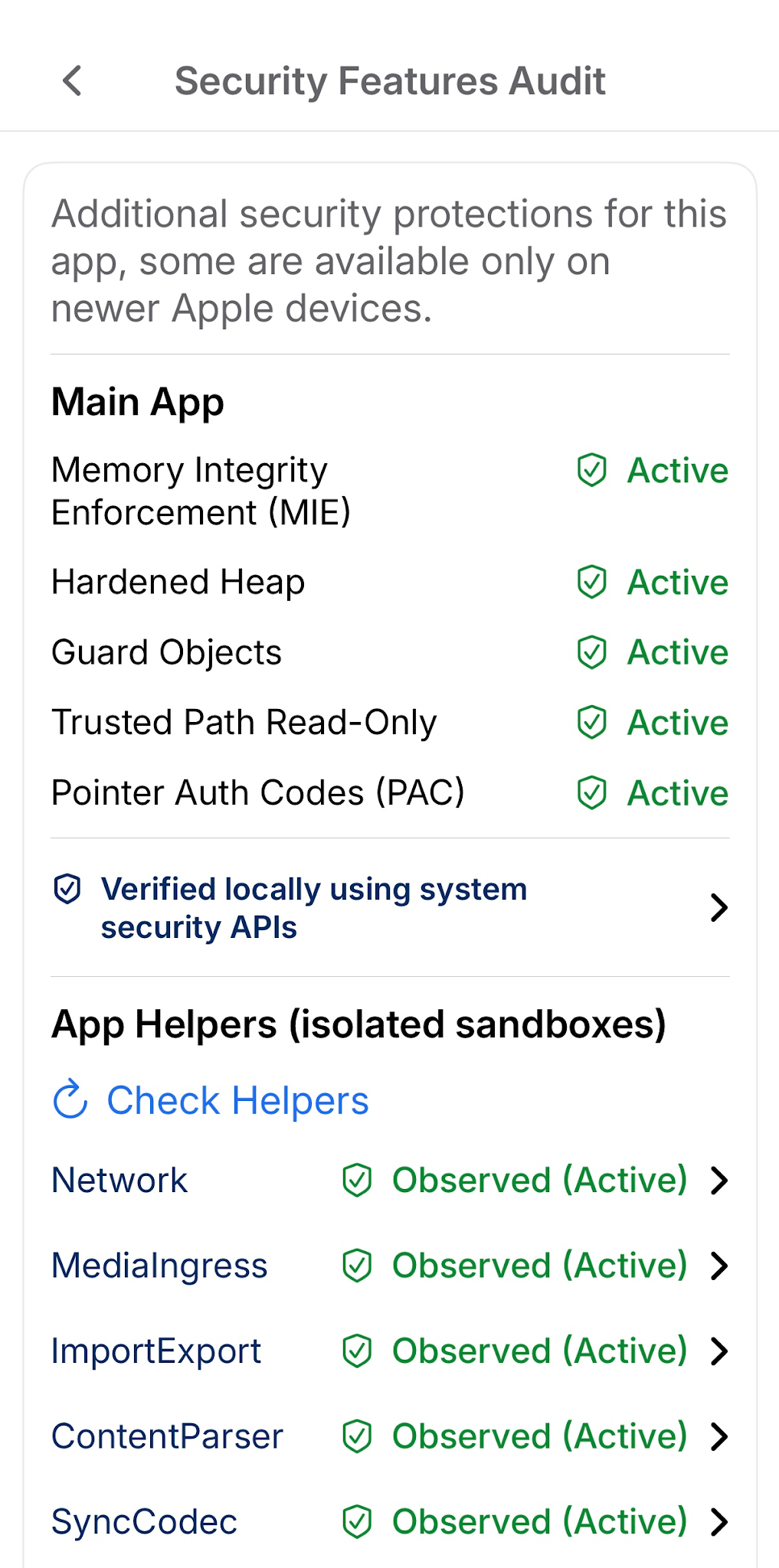 Figure 7. A security-audit screenshot displays reported mitigation settings for an application and its helper processes on a supported device. The display does not independently prove complete code coverage or protection after kernel compromise. The image is from STIQRA, an XMAKYNA product.