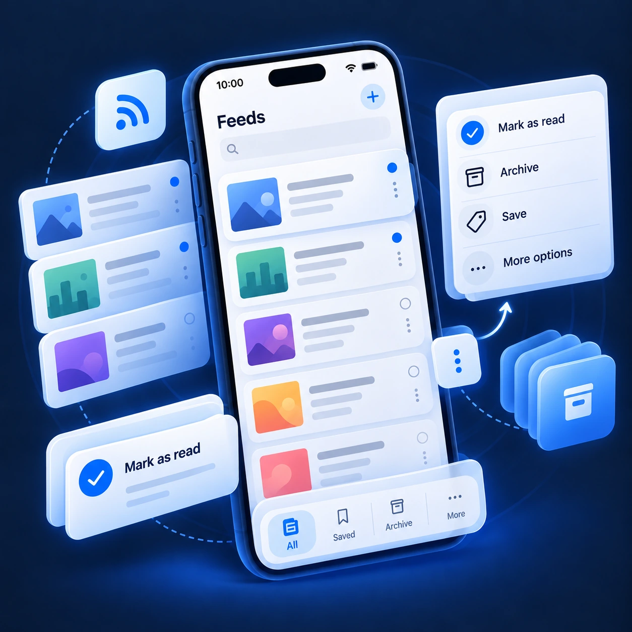 Illustration of a daily reading queue with feed items and save or archive actions.