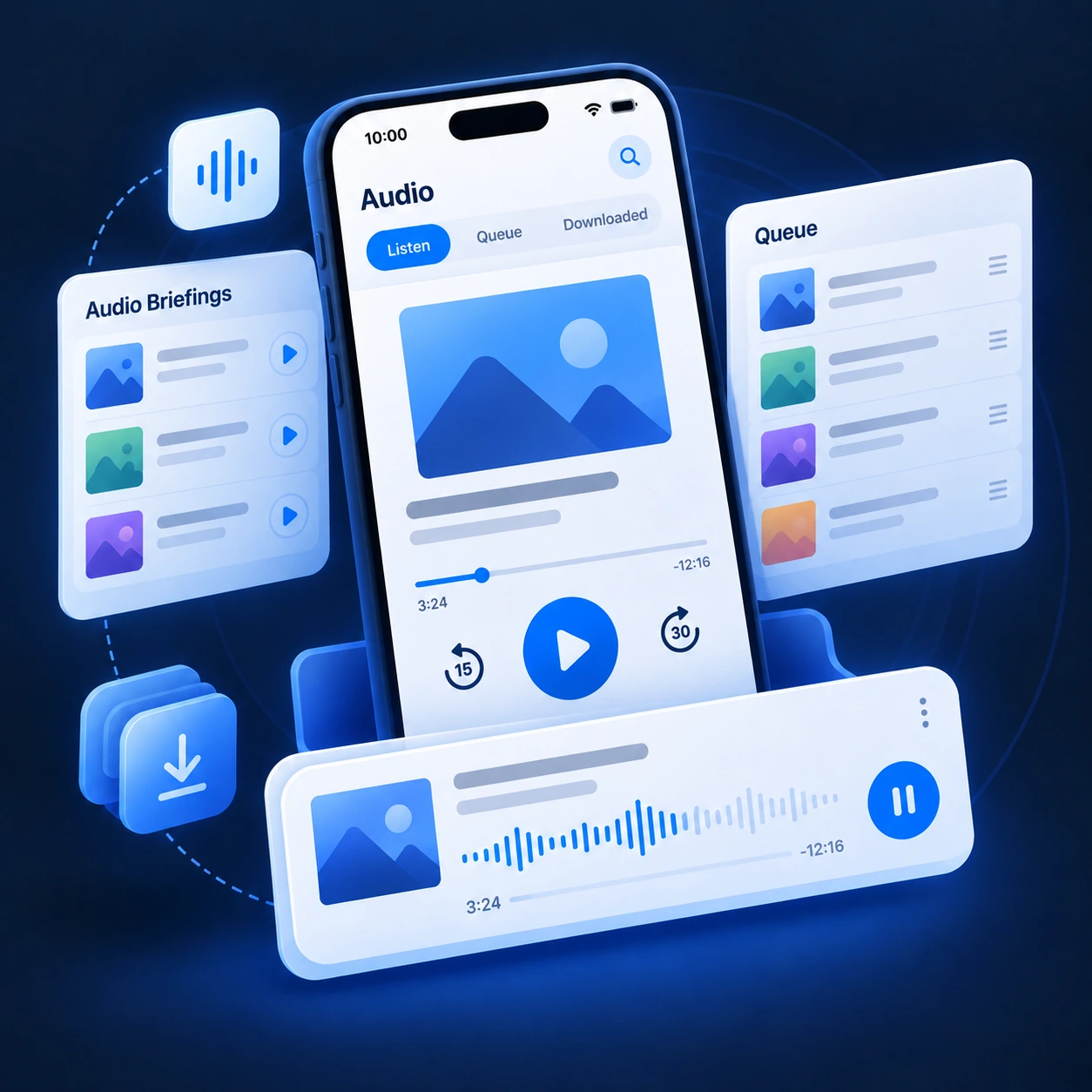 Illustration of a podcast player, audio briefings and playback controls.