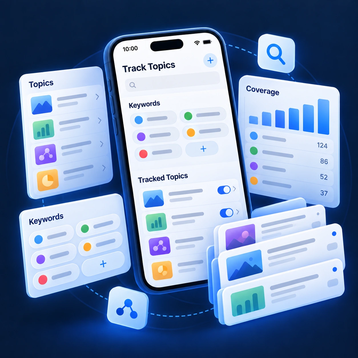 Illustration of topic tracking, keyword lists and coverage views.
